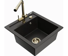 Granitinė virtuvinė plautuvė Mexen Vito su maišytuvu ir sifonu, Metallic juodas/auksinis+Gold