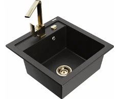 Granitinė virtuvinė plautuvė Mexen Vito su maišytuvu ir sifonu, Metallic juodas/auksinis+Gold