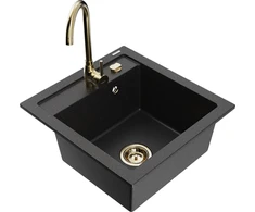Granitinė virtuvinė plautuvė Mexen Vito su maišytuvu ir sifonu, Metallic juodas/sidabrinis+Gold