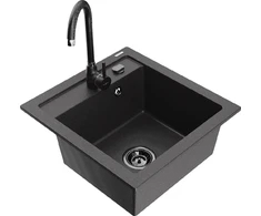 Granitinė virtuvinė plautuvė Mexen Vito su maišytuvu ir sifonu, Juodas granite+Juodas