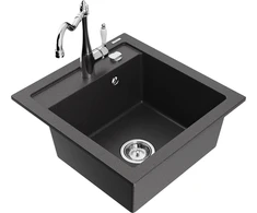 Granitinė virtuvinė plautuvė Mexen Vito su maišytuvu ir sifonu, Juodas granite+Chrome