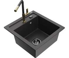 Granitinė virtuvinė plautuvė Mexen Vito su maišytuvu ir sifonu, Juodas granite+Juodas granite/Gold