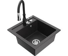 Granitinė virtuvinė plautuvė Mexen Vito su maišytuvu ir sifonu, Juodas granite+Juodas