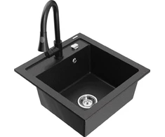 Granitinė virtuvinė plautuvė Mexen Vito su maišytuvu ir sifonu, Metallic juodas/sidabrinis+Juodas