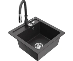 Granitinė virtuvinė plautuvė Mexen Vito su maišytuvu ir sifonu, Juodas granite