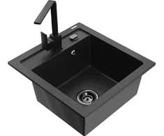 Granitinė virtuvinė plautuvė Mexen Vito su maišytuvu ir sifonu, Metallic juodas/sidabrinis+Juodas