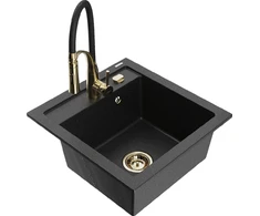 Granitinė virtuvinė plautuvė Mexen Vito su maišytuvu ir sifonu, Metallic juodas/sidabrinis+Juodas/Gold