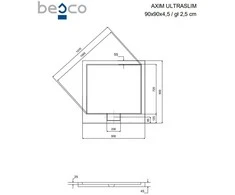Kvadratinis dušo padėklas Besco Axim UltraSlim, 90 x 90 x 4,5 cm