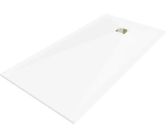 Stačiakampis dušo padėklas Mexen Stone+ su sifonu, 160 x 100 cm, Baltas+Gold
