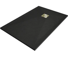 Stačiakampis dušo padėklas Mexen Stone+ su sifonu, 100 x 90 cm, Juodas+Gold