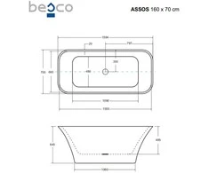 Vonia Besco Assos Juodas&amp;Baltas, 160 x 70 cm, su klik-klak gun metal valomu iš viršaus