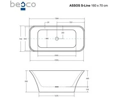 Vonia Besco Assos S-Line Matt, 160 x 70 cm, su klik-klak juodas valomu iš viršaus