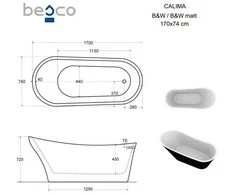Vonia Besco Calima Juodas&amp;Baltas Matt, 170 x 74 cm, su auksiniais dangteliais
