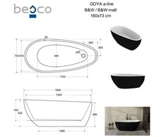 Vonia Besco Goya A-Line Juodas&amp;Baltas Matt, 160 x 73 cm (sifono su persipylimu dangtelis aukso spalvos)