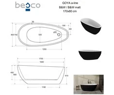 Vonia Besco Goya A-Line Juodas&amp;Baltas Matt, 170 x 80 cm (sifono su persipylimu dangtelis aukso spalvos)