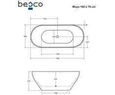 Vonia Besco Moya Juodas&amp;Baltas Matt, 160 x 70 cm (su Klik-klak Gun Metal valomu iš viršaus)