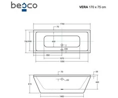 Vonia Besco Vera, 170 x 75 cm, su sifonu su pripildymu auksiniu