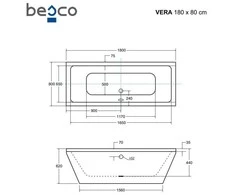 Vonia Besco Vera, 180 x 80 cm, su sifonu su pripildymu juodu