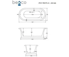 Vonia Besco Ziva Juodas&amp;Baltas, 160 x 75 cm, su klik-klak chrome valomu iš viršaus