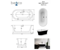 Vonia Besco Ziva Juodas&amp;Baltas Matt, 160 x 75 cm, su sifonu su persipylimu slim juodas