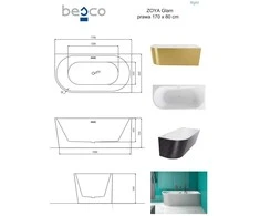Vonia Besco Zoya Glam Graphite, 170 x 80 cm, dešininė, su baltais dangteliais