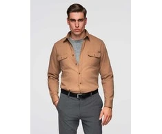 Cotton vyriški įprasto kirpimo medvilniniai marškiniai su sagomis užsegamomis kišenėmis – camel v2 om-shcs-0146