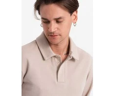 Collar Vyriškas struktūruotas megztinis su polo apykakle – smėlio spalvos V2 OM-SSNZ-0149
