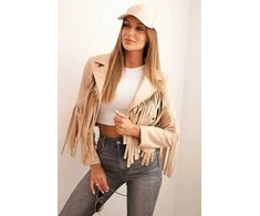Style Moteriška dirbtinės odos striukė su kutais, boho stiliaus, šviesiai kupranugario spalvos