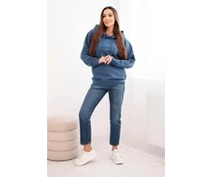 Denim Moteriškas džinsinio mėlynumo medvilninis džemperis su kilpomis ir gobtuvu bei kengūros kišene.