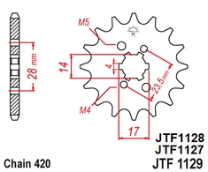 Jt Sprockets Priekinė žvaigždutė JTF1127 / JTF1128 / JTF1129 DERBI D50B0 / EBS050 (Iki 2006 ir nuo 2006m varikliams)