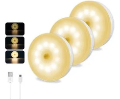 Akynite belaidė LED spintelės lemputė su judesio jutikliu, reguliuojamas ryškumas, USB įkrovimas, 0,5 W, 3 vnt. rinkinys