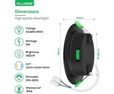 ALUSSO įleidžiamų LED šviestuvų rinkinys, 230 V, 5 W, 400 lm, IP44, 3 spalvų temperatūros, juodi, 6 vnt. DL-SS25-105LND3