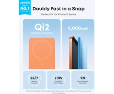 Anker magnetinis išorinis akumuliatorius 5000 mAh, 15 W MagSafe, Qi2, USB-C, Slim, A1665