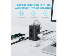 Anker maitinimo ilgintuvas su 8 lizdais ir 4 USB jungtimis, 20 W USB-C, A9185
