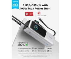 Anker Zolo 25000 mAh 165 W nešiojamas maitinimo blokas su integruotu USB‑C laidu, sidabrinis