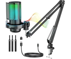 Anykuu USB kondensatorinis mikrofonas su RGB apšvietimu, kardioidiniu kryptingumu, 24 bitų / 192 kHz, ME6S