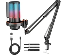 Anykuu USB kondensatorinis mikrofonas žaidimams, streamams ir podcastams su RGB, 1.5 m USB-C laidu, modelis 3730