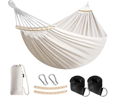 Anyoo lauko hamakas su tvirtinimo diržais, 270 x 150 cm, iki 200 kg, polimedvilnė, smėlio spalvos, AY-Stripes-Hammock-baltas-40
