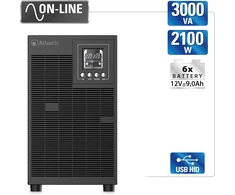 Atlantis UPS maitinimo šaltinis Online 3000 VA, 2100 W, metaliniame korpuse, žemas triukšmo lygis, 4 IEC, USB, LCD, A03-OP3002XLN