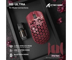 ATTACK SHARK belaidė žaidimų pelė, 42000 DPI, 8KHz, 39g, USB-C/Bluetooth, raudona