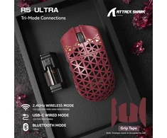 ATTACK SHARK belaidė žaidimų pelė, 42000 DPI, 8KHz, 39g, USB-C/Bluetooth, raudona