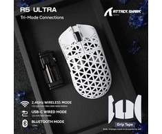 ATTACK SHARK belaidė žaidimų pelė R5 Ultra, 42000 DPI, trijų režimų, balta