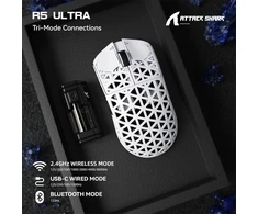 ATTACK SHARK belaidė žaidimų pelė R5 Ultra, 2.4 GHz, Bluetooth, USB-C, 42000 DPI, balta