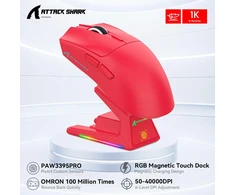 ATTACK SHARK belaidė žaidimų pelė su lietimui jautria RGB stotele, 40000 DPI, 53g, BT/2.4G/USB-C, PAW3395PRO, raudona