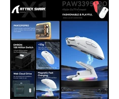 ATTACK SHARK belaidė žaidimų pelė su touchpad krovimo stotele, 40000 DPI, 53g, PixArt PAW3395PRO, balta