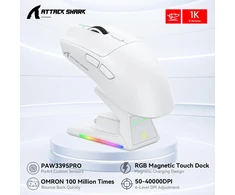ATTACK SHARK belaidė žaidimų pelė su touchpad krovimo stotele, 40000 DPI, 53g, PixArt PAW3395PRO, balta