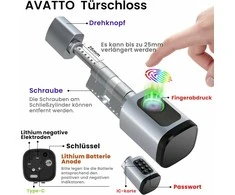 AVATTO išmanioji durų spyna su pirštų atspaudų skaitytuvu, slaptažodžiu ir RFID, valdymas per aplikaciją, reguliuojamas cilindras, sidabrinė, SDL-V1-S60