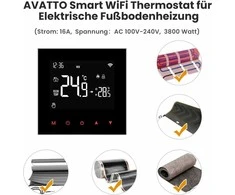 AVATTO Wi-Fi išmanusis termostatas grindų šildymui, jutiklinis ekranas, 3800 W, programavimas