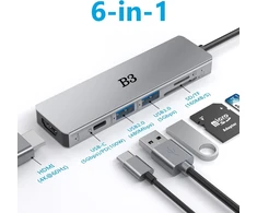 B3 BIGTHREE USB-C šakotuvas 6 viename su 4K HDMI, 55 W PD ir SD/TF kortelių skaitytuvu TC059