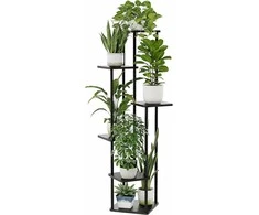 Bamworld 6 lygių metalinis kampinis gėlių stovas su medinėmis lentynomis, juodas, 130 cm